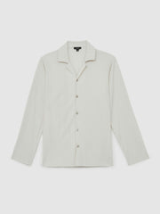 Plissé Cuban-Collar Long-Sleeve Shirt in Off White | Reiss For Sale