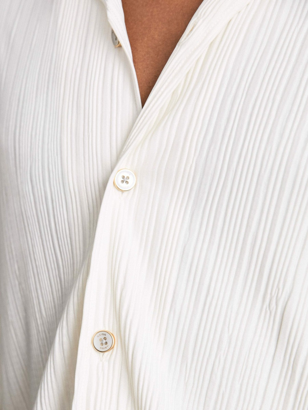 Plissé Cuban-Collar Long-Sleeve Shirt in Off White | Reiss For Sale