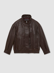 Oversize Grained-Leather Bomber Jacket in Burgundy | Reiss