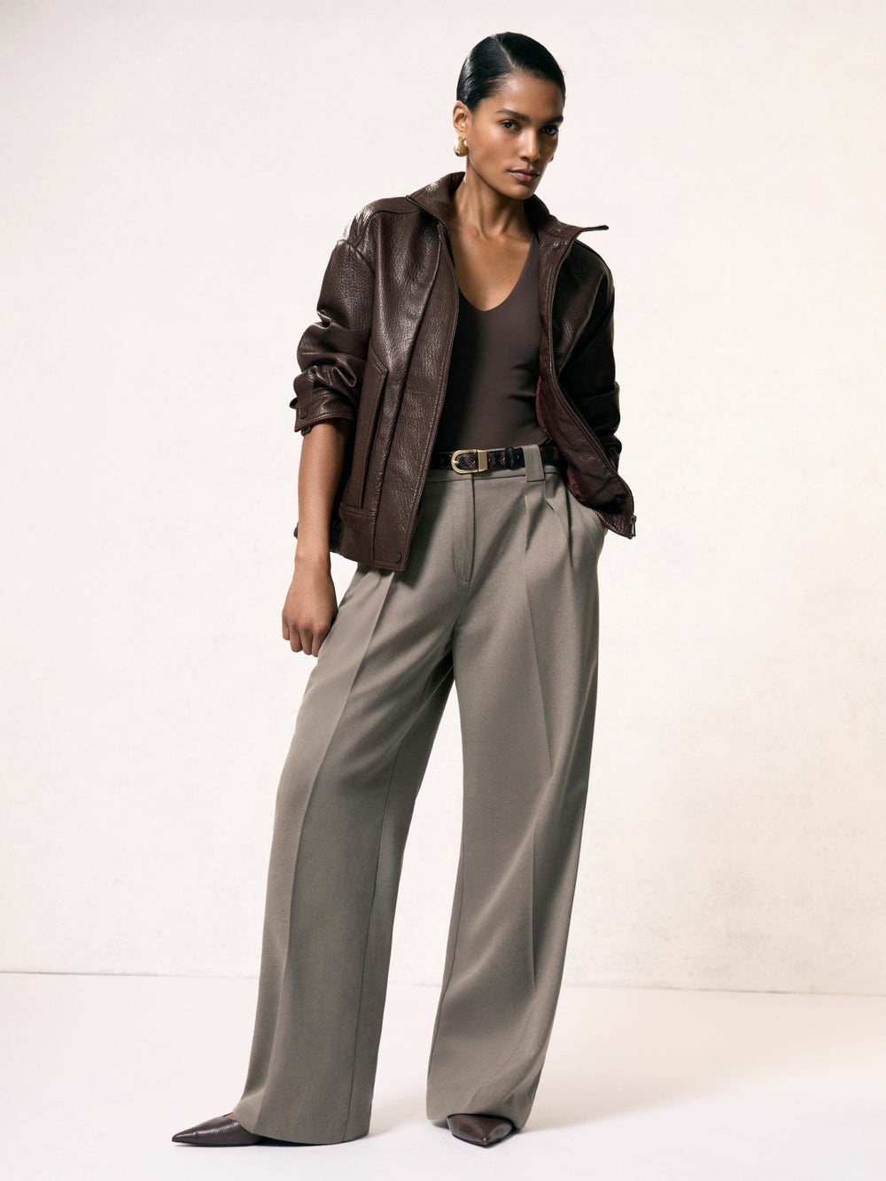 Oversize Grained-Leather Bomber Jacket in Burgundy | Reiss