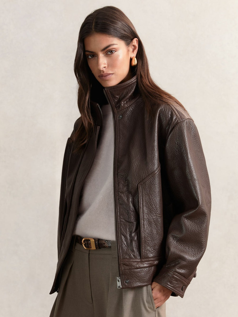 Oversize Grained-Leather Bomber Jacket in Burgundy | Reiss