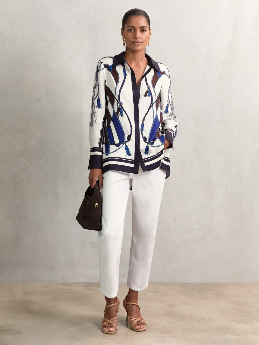 Scarf Print Colourblock Shirt in Navy | Reiss US