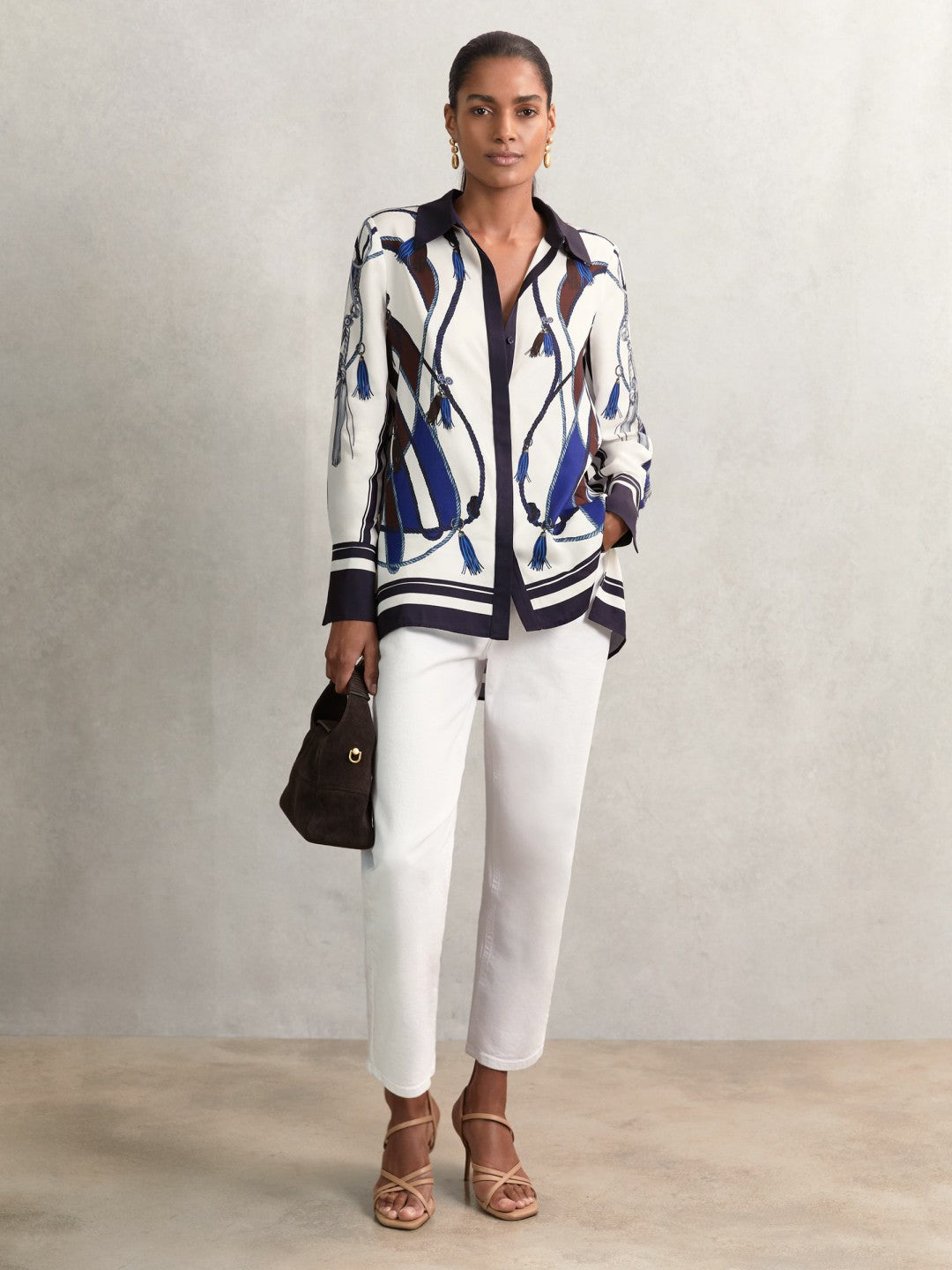 Scarf Print Colourblock Shirt in Navy | Reiss US
