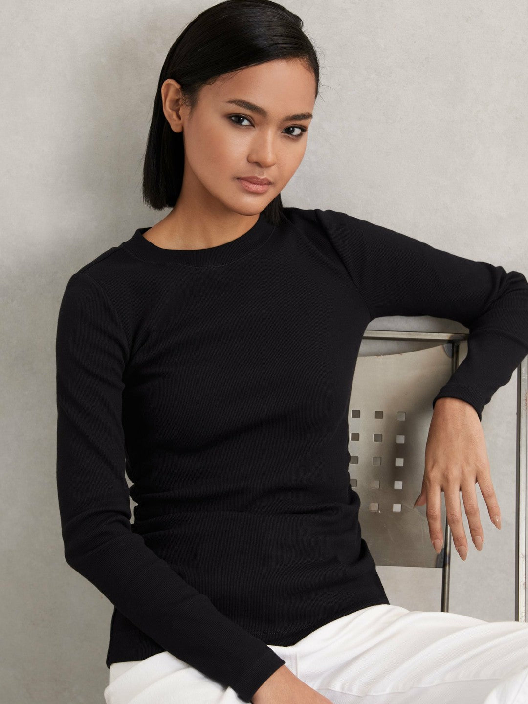 Cotton Long-Sleeve Ruched T-Shirt with Stretch in Black | Reiss For Sale