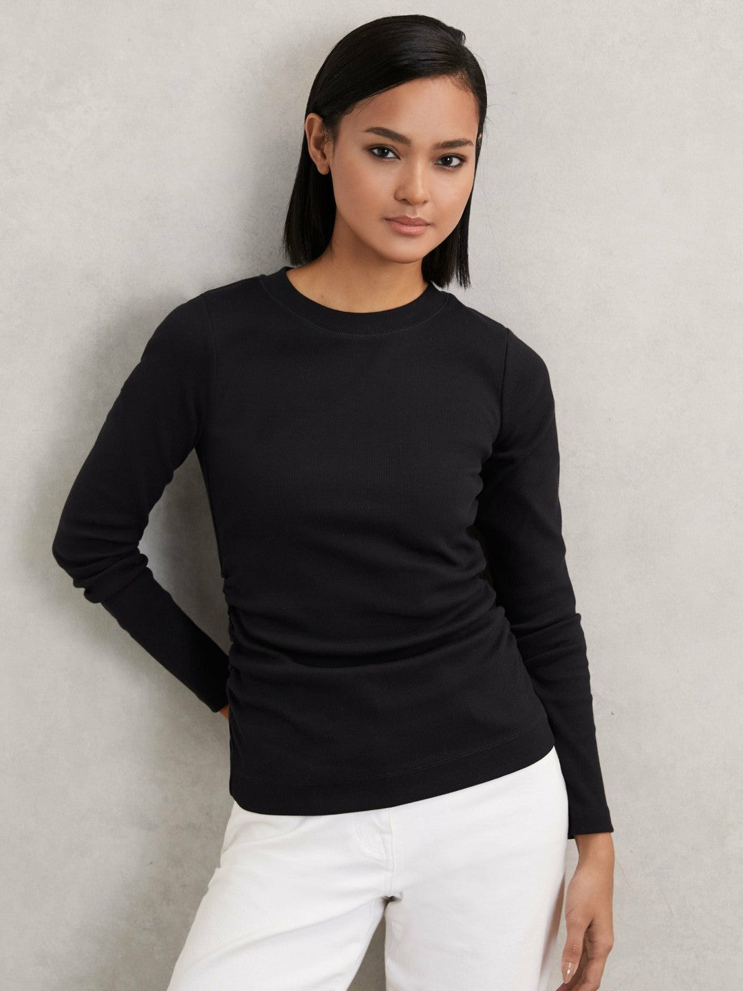 Cotton Long-Sleeve Ruched T-Shirt with Stretch in Black | Reiss For Sale